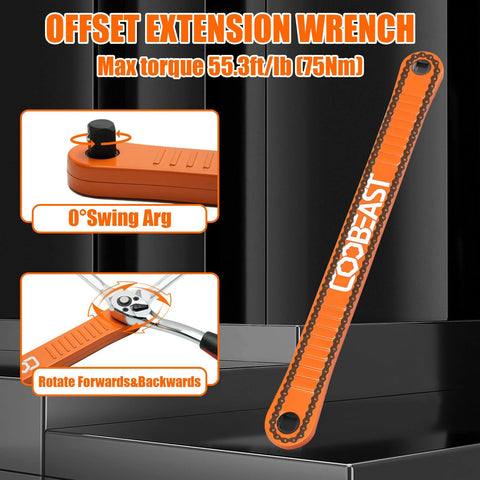 Three Eighths Inch Offset Extension Wrench For Tight Spaces displayed on a metal surface, highlighting max torque and swing features.