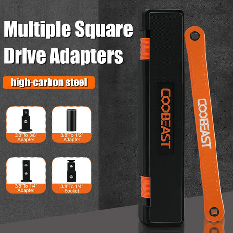 Three Eighths Inch Offset Extension Wrench For Tight Spaces with square drive adapters shown in black and orange casing.