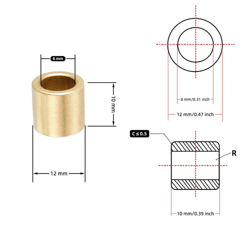 Oil Impregnated Sintered Bronze Sleeve Bearing Bushing For 8mm ID By 12mm OD By 10mm Length Self Lubricating 10 Pack diagram