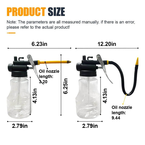 Product dimensions for Two Pack High Pressure Oil Can Pump Oiler With Flexible Spout And Rigid Transparent Bottle