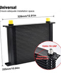Universal 30 Row Oil Cooler With 10AN Stacked Plate Design in black aluminum, dimensions 12.91x10.04x1.97 inches, front view.
