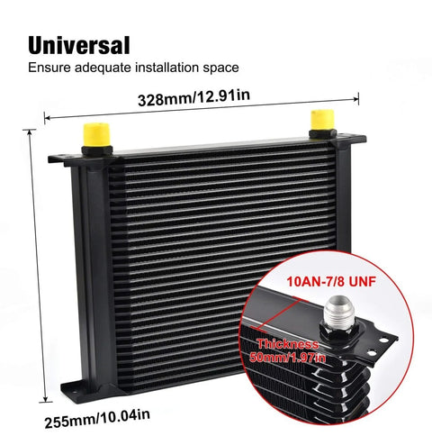 Universal 30 Row Oil Cooler With 10AN Stacked Plate Design in black aluminum, dimensions 12.91x10.04x1.97 inches, front view.