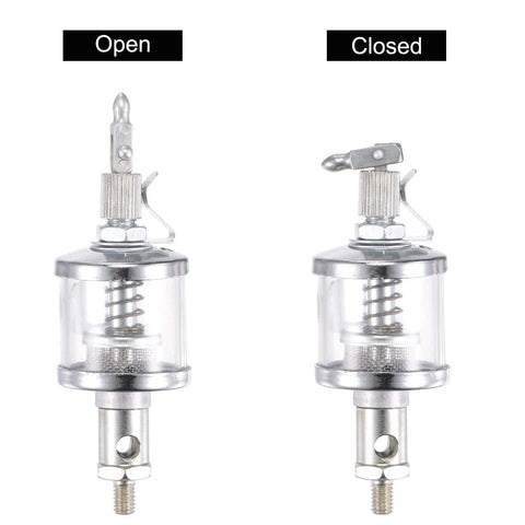 Oil Cup For Gravity Drip Feed Lubrication With M6x1 Thread, 16mL Capacity, showing open and closed positions.