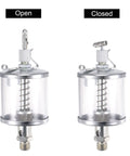 Oil Cup Needle Valve With G1/4 Thread 100ml Gravity Drip Feeder with open and closed views, chrome plated carbon steel oiler, see-through window