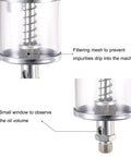 Close-up of Oil Cup Needle Valve with G1/4 thread and 100ml capacity, showing see-through sight window for oil level check and filtering mesh.