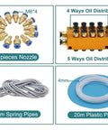 Auto Lubrication Pump For CNC Machines And Tooling Electromagnetic Oil Lubricator with nozzles, oil distributor, and tubing accessories.
