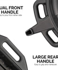 Close-up of Oil Drain Pan 2 Gallon Capacity Black Plastic Anti Splash Lip Drip Catcher showing dual front and rear handles