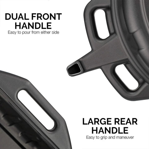 Close-up of Oil Drain Pan 2 Gallon Capacity Black Plastic Anti Splash Lip Drip Catcher showing dual front and rear handles