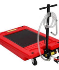 18 Gallon Low Profile Oil Drain Pan With Electric Pump Kit featuring red heavy-duty design, wheels, and 8-foot hose for versatile oil changes.