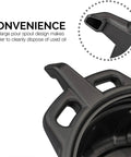 Close-up of Oil Drain Pan 2 Gallon Capacity Black Plastic Anti Splash Lip Drip Catcher with large pour spout, durable design
