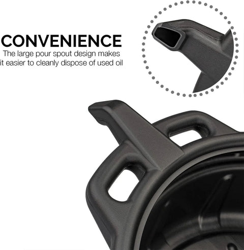 Close-up of Oil Drain Pan 2 Gallon Capacity Black Plastic Anti Splash Lip Drip Catcher with large pour spout, durable design