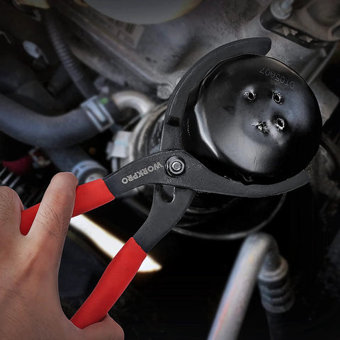 Adjustable Oil Filter Pliers 12 Inch for Engine Oil Filters Removal Bent Head Design for Tight Spaces High Carbon Steel with Permalock Fastener in use