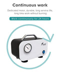 Oil Free Diaphragm Lab Vacuum Pump Portable For Filtration With Ten Liters Per Minute Capacity And Rubber Tube 110 To 220 Volt Universal Power Supply For Scientific Labs Quiet Operation And Bench Top Convenience, featuring a compact design with pressure gauge.