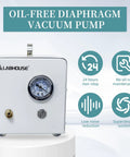 Front view of Oil Free Diaphragm Lab Vacuum Pump VP10E For Fast Vacuum Filtration with 10 L per minute suction, LABHOUSE brand display.