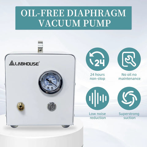 Front view of Oil Free Diaphragm Lab Vacuum Pump VP10E For Fast Vacuum Filtration with 10 L per minute suction, LABHOUSE brand display.