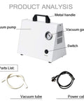 Oil Free Oilless Lab Vacuum Pump With 10 Liters Per Minute Flow Mini Portable Air Pump showing metal handle, vacuum gauge, and switch.