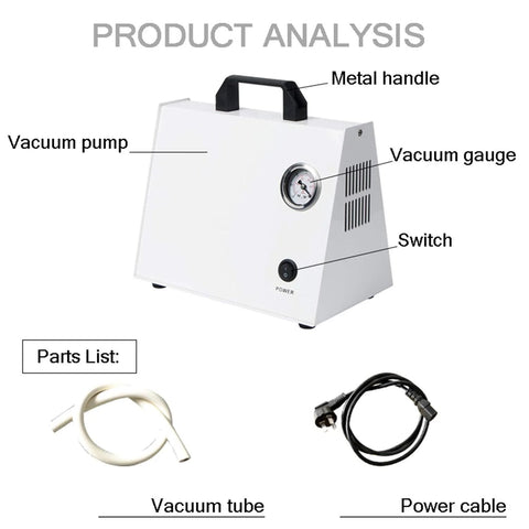 Oil Free Oilless Lab Vacuum Pump With 10 Liters Per Minute Flow Mini Portable Air Pump showing metal handle, vacuum gauge, and switch.