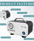 Oil Free Lab Vacuum Pump With Diaphragm Technology For Laboratory Filtration And Negative Pressure, 10 Liters Per Minute, Compact Portable Design With Non Slip Feet And Rubber Tube, 110 To 220 Volts VP 10L LABHOUSE highlighting features