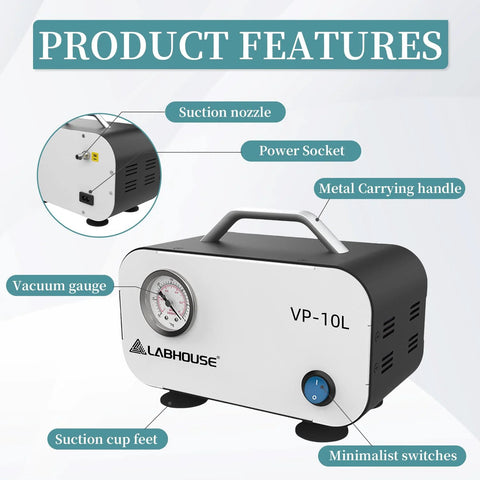 Oil Free Lab Vacuum Pump With Diaphragm Technology For Laboratory Filtration And Negative Pressure, 10 Liters Per Minute, Compact Portable Design With Non Slip Feet And Rubber Tube, 110 To 220 Volts VP 10L LABHOUSE highlighting features