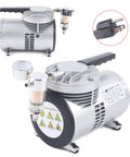 Oil Free Diaphragm Vacuum Pump For Food Packaging And Handicrafts With Air Flow 20 To 23 Liters Per Minute, One Sixth HP, Speed 1450 To 1700 RPM, Vacuum 600 MmHg, No Oil Lubrication, Portable And Durable Futchoy, showing side view with power cord inset.