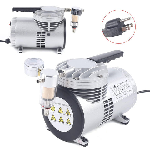 Oil Free Diaphragm Vacuum Pump For Food Packaging And Handicrafts With Air Flow 20 To 23 Liters Per Minute, One Sixth HP, Speed 1450 To 1700 RPM, Vacuum 600 MmHg, No Oil Lubrication, Portable And Durable Futchoy, showing side view with power cord inset.