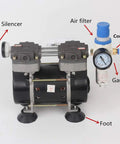 Front view of Oil Free Lab Vacuum Pump Two Stage 50 Liter Per Minute Quiet Oilless Medical Grade 110V HZW 165 with labeled parts.