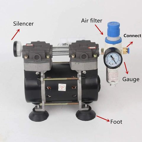Front view of Oil Free Lab Vacuum Pump Two Stage 50 Liter Per Minute Quiet Oilless Medical Grade 110V HZW 165 with labeled parts.