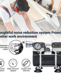 High Efficiency Oilless Vacuum Pump With Fifty Liters Per Minute Capacity And Simple On Off Switch Quiet Aluminum Silencer Vacuum Gauge Four Connectors For Laboratory Electronics Industry And Home Workshop Use, shown with gauge and aluminum silencer