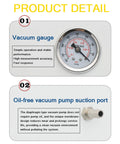 Image showing vacuum gauge and oil-free vacuum pump suction port details for Oil Free Oilless Lab Vacuum Pump With 10 Liters Per Minute Flow Mini Portable Air Pump For Research And Industrial Labs Easy To Use Plug In And Go Low Maintenance Compact And Reliable