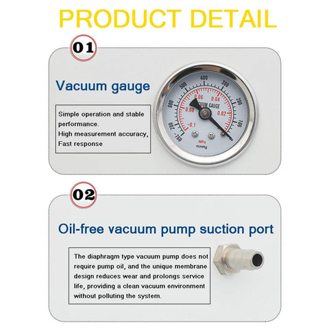 Image showing vacuum gauge and oil-free vacuum pump suction port details for Oil Free Oilless Lab Vacuum Pump With 10 Liters Per Minute Flow Mini Portable Air Pump For Research And Industrial Labs Easy To Use Plug In And Go Low Maintenance Compact And Reliable
