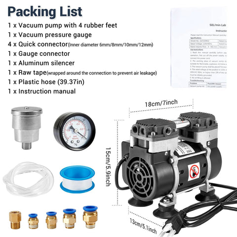 Oil Free Vacuum Pump 50 L Per Minute For Lab Electronics Oilless Operation with accessories, including aluminum silencer and connectors