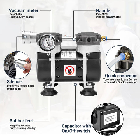 Oil Free Vacuum Pump 50 L Per Minute For Lab Electronics with upgraded capacitor, vacuum meter, aluminum silencer visible