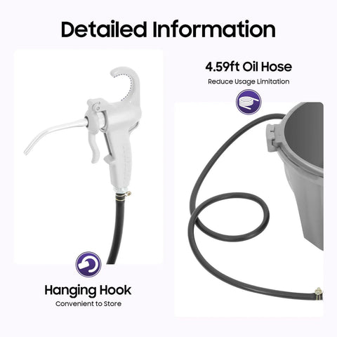 Detail of Hand Held Oiler Bucket Kit with Oil Gun and 4.59ft hose, plastic construction, ergonomic grip, for pipe threading machines.