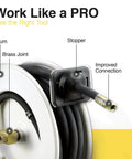 Close-up of Retractable Oil Hose Reel With One Half Inch By Fifty Foot Premium SAE 100 R1AT Hose Max 2320 Psi Spring Driven Steel Construction