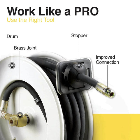 Close-up of Retractable Oil Hose Reel With One Half Inch By Fifty Foot Premium SAE 100 R1AT Hose Max 2320 Psi Spring Driven Steel Construction
