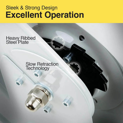 Close-up of Retractable Oil Hose Reel With One Half Inch By Fifty Foot Premium SAE 100 R1AT Hose Max 2320 Psi Spring Driven Steel Construction
