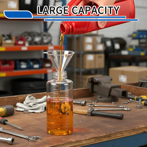 Large capacity tool bottle filling at workshop table with precision needle oiler kit in background, emphasizing accurate lubrication.