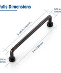Dimensions diagram of Oil Rubbed Bronze Cabinet Pulls 5 Inch Hole Center Zinc Alloy Vintage Style Handles showing measurements.