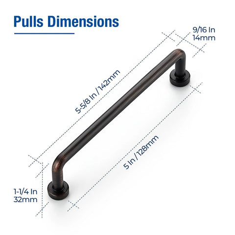 Dimensions diagram of Oil Rubbed Bronze Cabinet Pulls 5 Inch Hole Center Zinc Alloy Vintage Style Handles showing measurements.