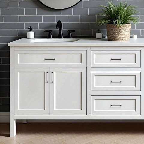 White cabinet with Oil Rubbed Bronze Cabinet Pulls 5 Inch Hole Center Zinc Alloy Vintage Style Handles installed in bathroom setting