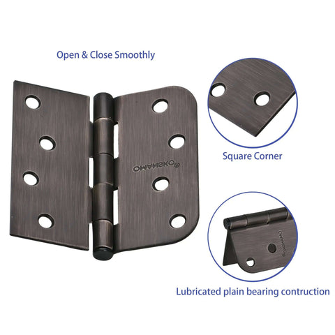 Sturdy 4x4 Inch Door Hinges For Wood, 18 Pack Oil Rubbed Bronze Interior Doors, Square 5/8 Radius Corners, Close-up View