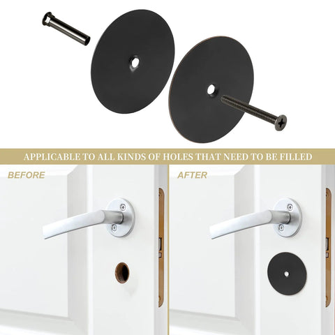 Oil Rubbed Bronze Door Hole Cover Plate Set fills unused knob and deadbolt openings on interior doors, boosting security and privacy while a neat, finished look; includes two 66mm plates and screws to fit 12-54mm holes.