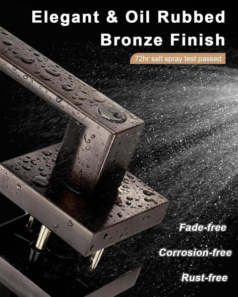 Close-up of Two Pack Square Keyed Alike Entry Door Levers in oil rubbed bronze with water droplets, showcasing durability and finish.