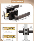 Two Pack Square Keyed Alike Entry Door Levers In Oil Rubbed Bronze with dimensions, heavy duty zinc alloy hardware shown in detail