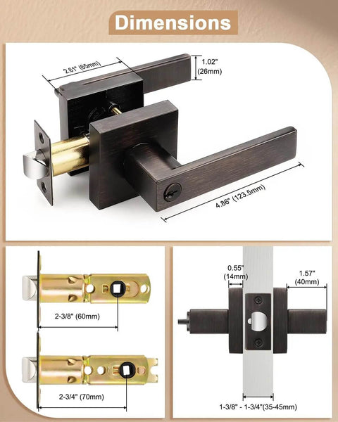 Two Pack Square Keyed Alike Entry Door Levers In Oil Rubbed Bronze with dimensions, heavy duty zinc alloy hardware shown in detail