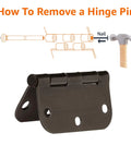Diagram showing how to remove a hinge pin from Rounded Five Eighths Radius Interior Door Hinges Set, Eighteen Pack, Oil Rubbed Bronze Finish.