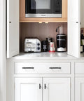 White cabinet with Five Pack Oil Rubbed Bronze Knurled Cabinet Handles With 3.78 Inch Center To Center 96mm Hole Spacing.