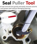 Seal Puller Tool, Oil Seal Removal Tool with Dual Hook in action on vehicle seal, close-up view showing installation process.