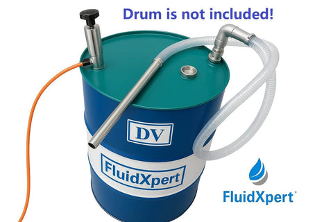 Oil Transfer Pump, Air Operated, Pneumatic, 55 Gallon Drum, 1.25 Inch ID, Teflon Packing, Chemical Transfer, shown on drum