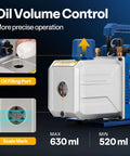 Close-up of Beefy 1.5 HP Two Stage HVAC Vacuum Pump with oil filling port and scale mark, highlighting precise oil volume control system.